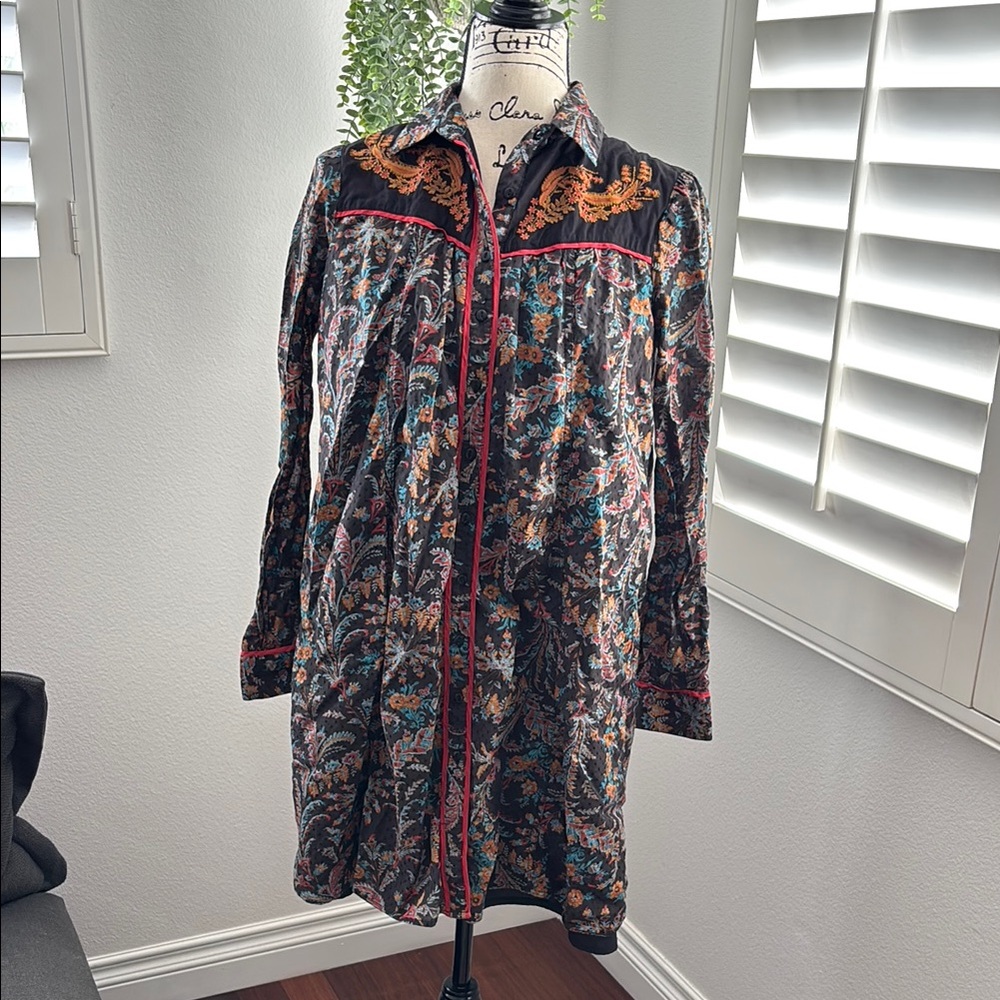 Anthropologie Floral Embroidered Long Sleeve Shirt dress